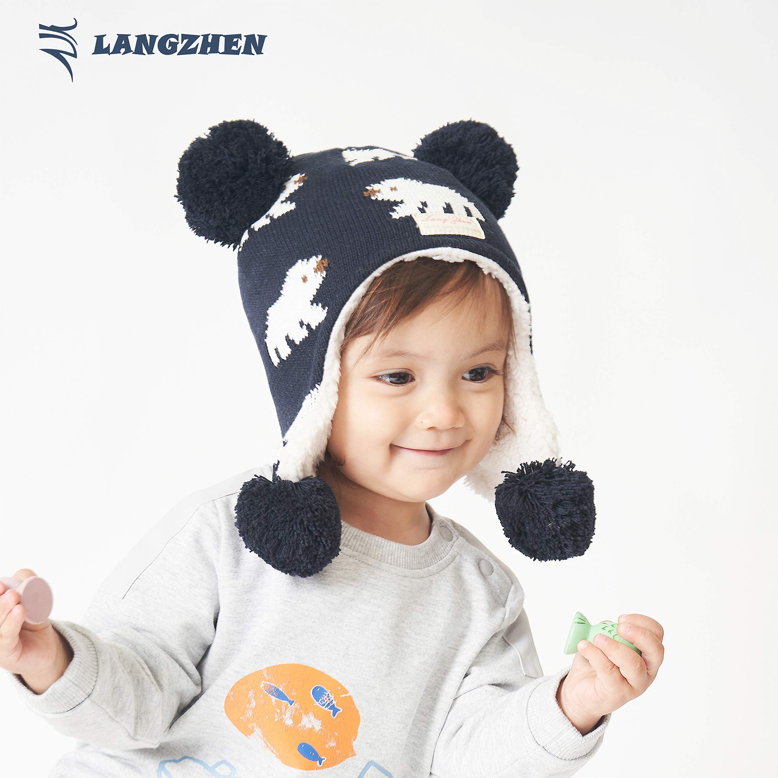 LANGZHEN Toddler Kids Infant Winter Hat,Earflap Knit Warm Cap Fleece Lined Beanie for Baby Boys Girls (Polar Bear-Navy, 2-4 T)