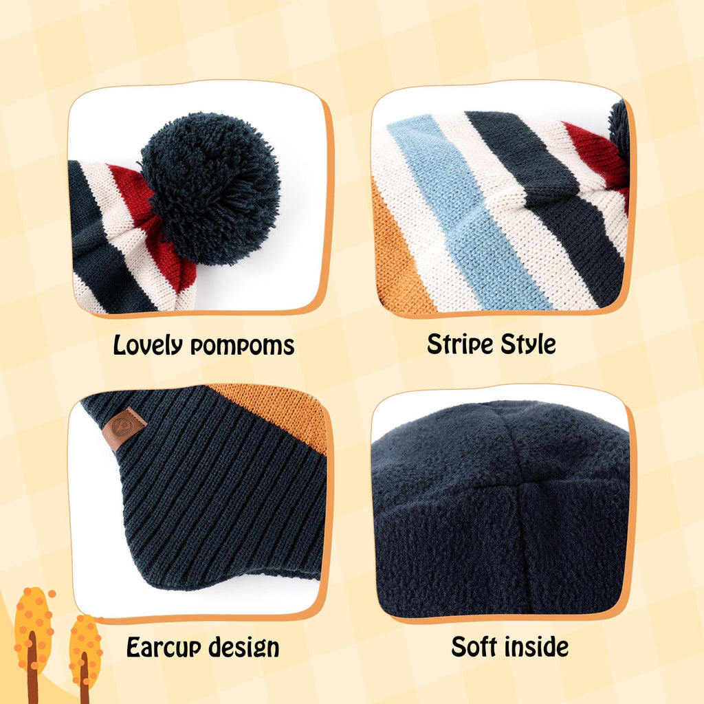Duoyeree Kids Beanie Hat for Boys Girls Pom-pom Kint Hats Cozy Lining Winter Skull Cap,Stripes,4T-7T