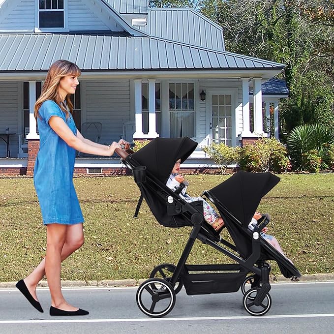 Tandem Double Stroller Newborn and Toddler, Foldable Twin Stroller with Reversible Seat, 5-Point Safety Harness, Adjustable Backrest & Canopy, Storage Basket