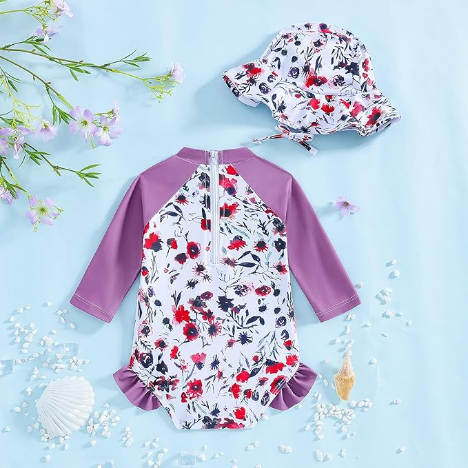 WOLBAY Baby Girl Swimsuit Long Sleeve One Piece Rash Guard with Sun Hat Zipper Bathing Suit Size 0-2T