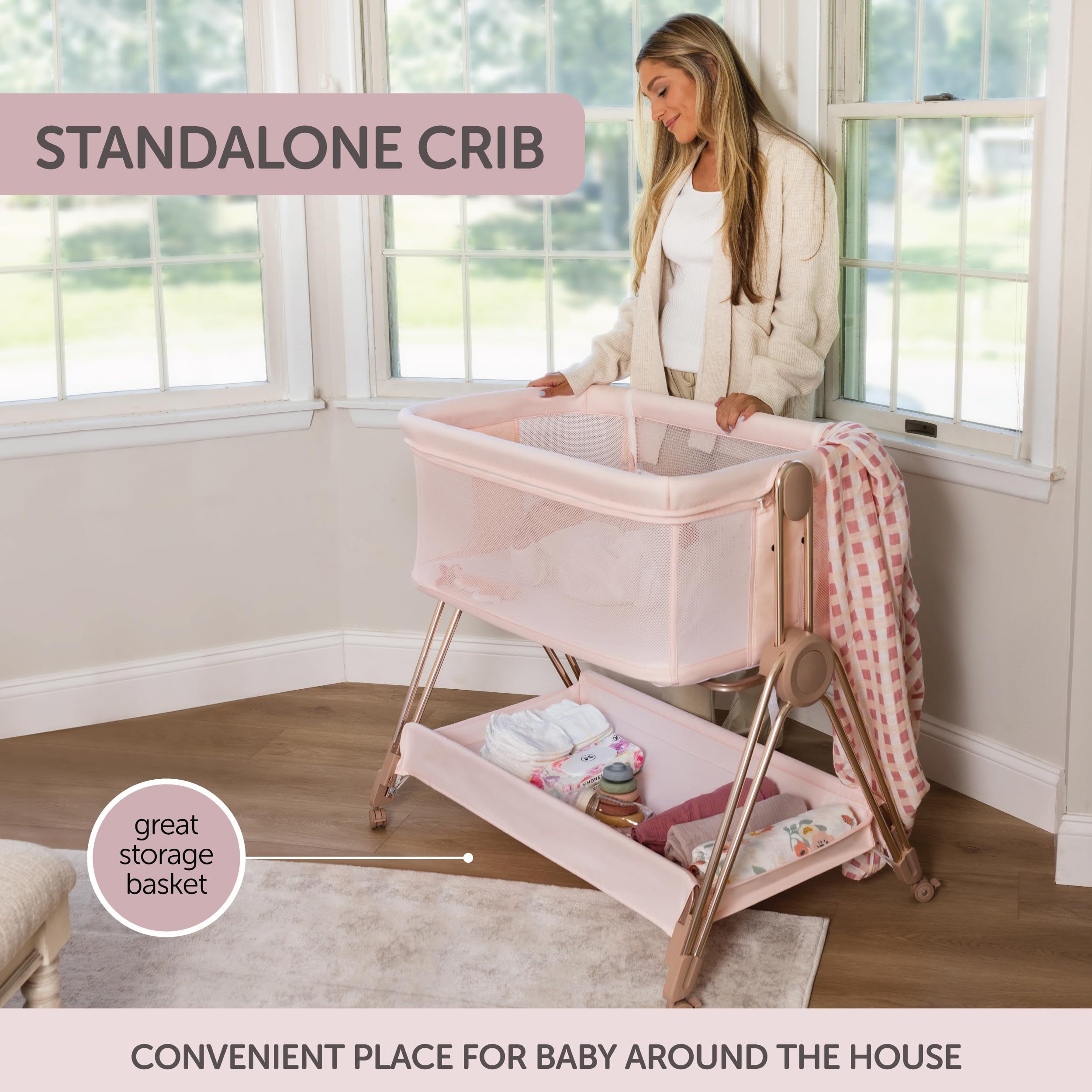 KOOLABABY Baby Bedside Sleeper - Bassinet & Bedside Crib with Height Adjustment & Wheels - Can Be Placed Next to Bed - Attaches to Parents Bed - Easy to Fold & Carry Bassinet for Girls (Pink)