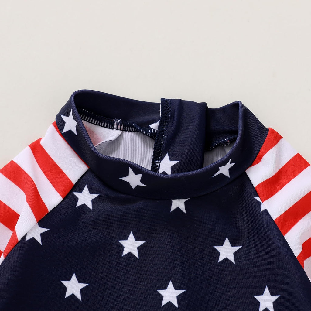 Infant Baby Girl Swimsuit One-Piece Long Sleeve Rash Guard with Hat Set Floral Zipper Bathing Suit Leopard Beach Wear(Independence Day,6-12 Months)