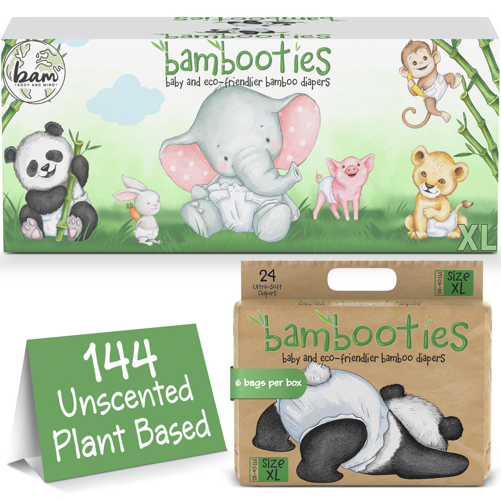 Bambooties Bamboo Baby Diapers, Totally Chlorine Free for Sensitive Skin for Newborns to XXL. Hypoallergenic & Non Toxic Eco Friendlier Plant-Based Materials. TCF XL Size 5 Diapers (144 ct)