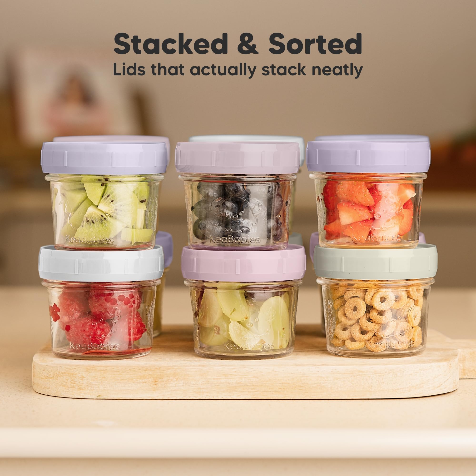 KeaBabies 12pk 4oz Glass Baby Food Containers with Lids, Leak-Proof (Lilac)