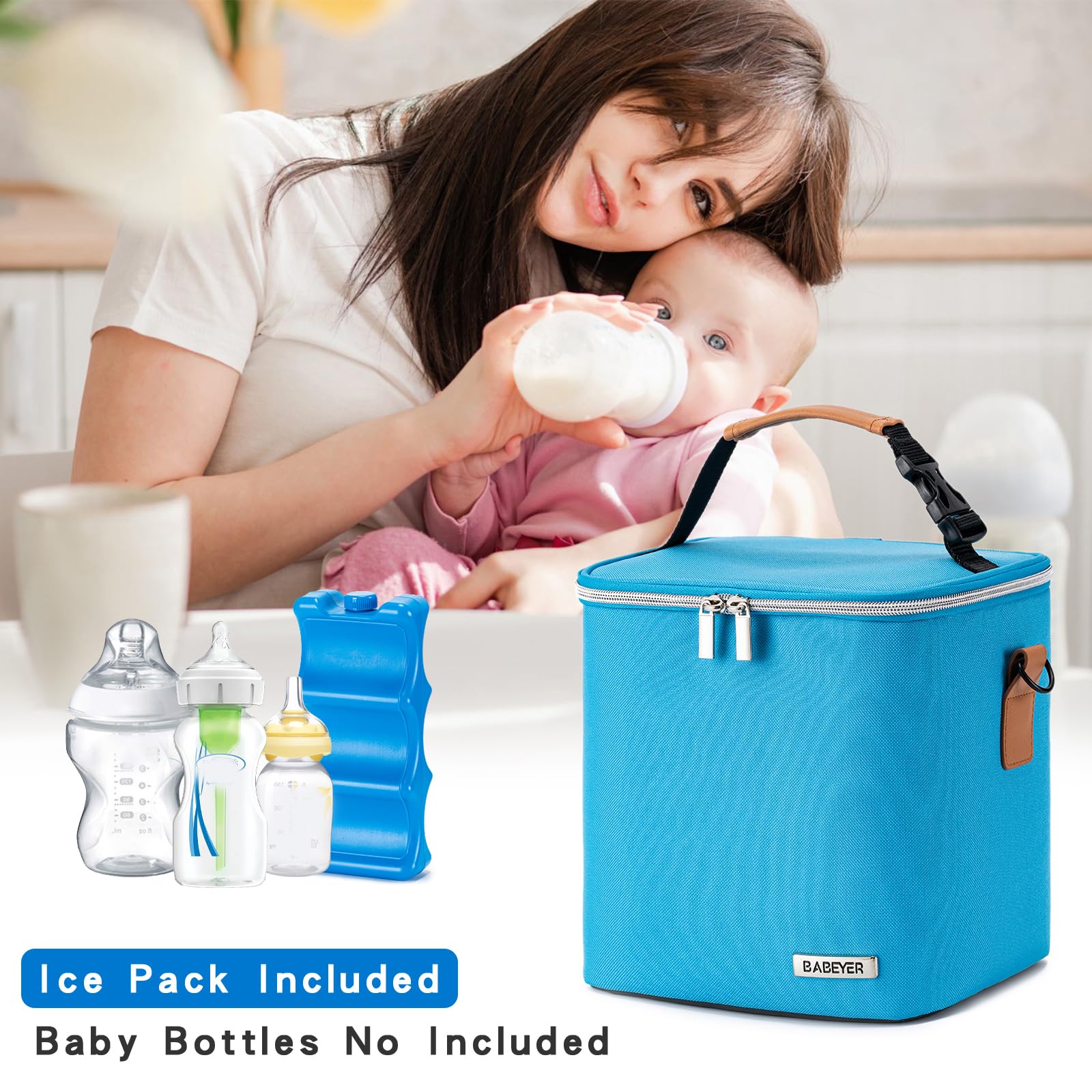 BABEYER Breastmilk Cooler Bag with Ice Pack Fits 6 Baby Bottles Up to 9 Ounce, Baby Bottle Bag with Shoulder Strap for Nursing Mom Daycare, Blue