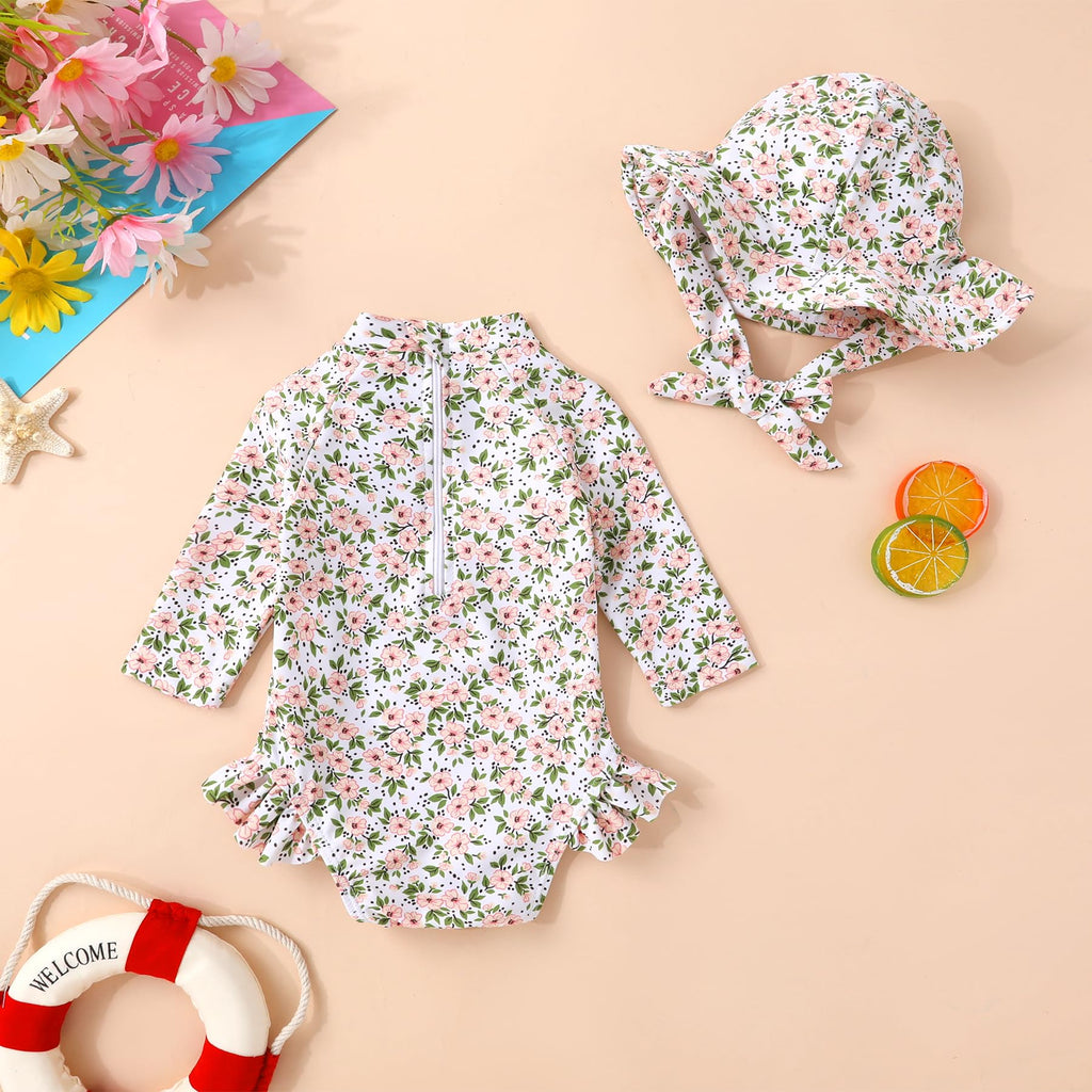 Infant Baby Girl Swimsuit One-Piece Long Sleeve Rash Guard with Hat Set Floral Zipper Bathing Suit Leopard Beach Wear