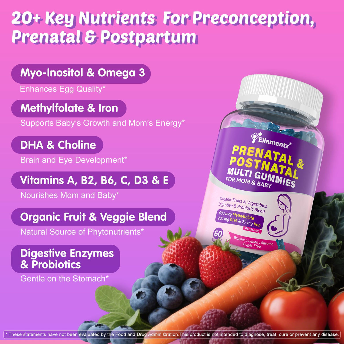 Prenatal Vitamins for Women Gummies + Methylfolate, DHA & Iron, Vegan,120Ct