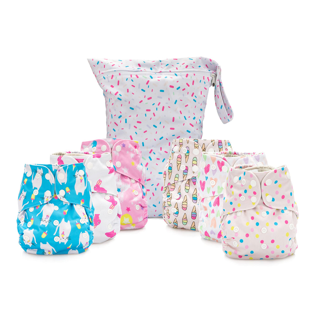 Simple Being Reusable Cloth Diapers, Double Gusset, One Size Adjustable, Washable Soft Absorbent, Waterproof Cover, Eco-Friendly Unisex Baby Girl Boy, six 4-Layers Microfiber Inserts (Christmas)