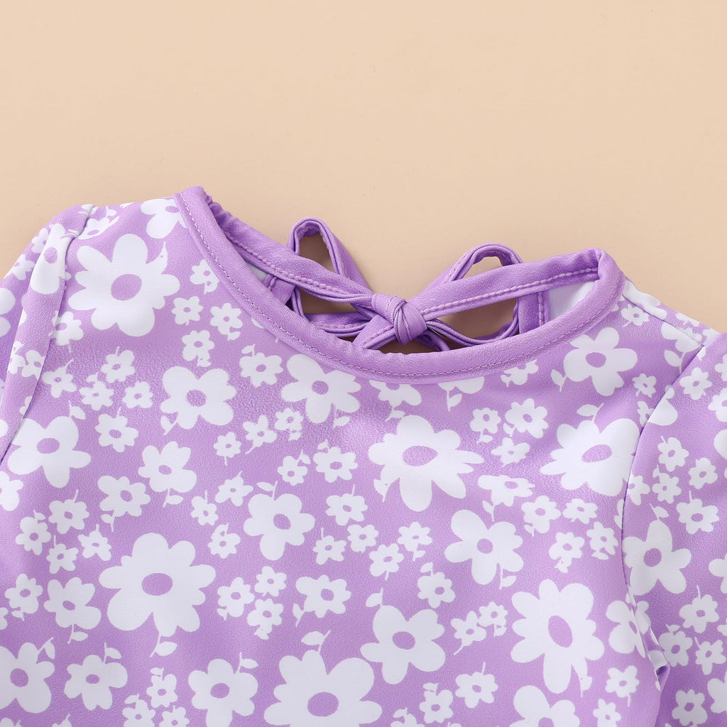 Infant Baby Girls Long Sleeve One Piece Swimsuit with Hat Floral Zipper Bathing Suit Leopard Beach Wear (Purple Floral Fragments，3-6Months)