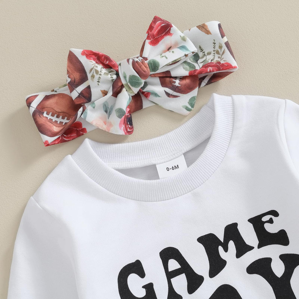 CIYCUIT 3Pcs Baby Girl Football Outfits Letter Print Sweatshirt + Pants + Headband 0 6 12 18 24 Months Clothes 6-12 Months