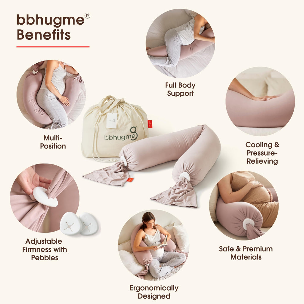 bbhugme Pregnancy Pillow, Dusty Pink - Adjustable Firmness & Shape - Full Body Support for Side Sleeping - Supports Back, Legs, Belly, Hips - Removable Cooling Cover for Pregnant Women