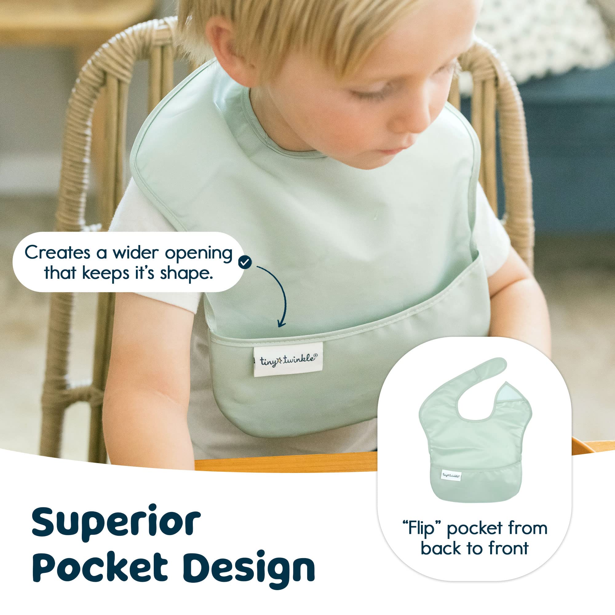 Tiny Twinkle Mess-Proof Baby Bibs for Eating | Waterproof, Wipeable Toddler Bibs with Catch-All Pocket | Feeding Bibs for Girls & Boys(3 Pack,Sage, Charcoal)