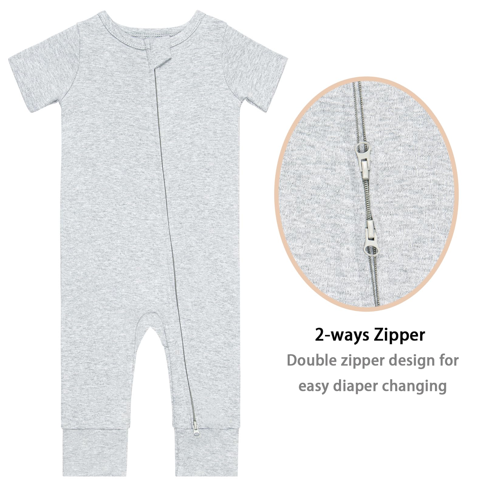 GUISBY Baby Cotton Footless Zipper Pajamas, Pale Grey+Mid Grey, 12-18M