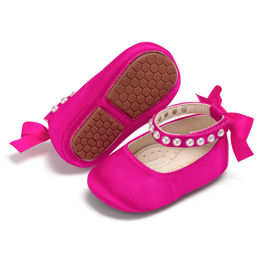 PHIRAMIN Baby Girls Rose Pink Mary Jane Flats - Infant 12-18 Months Walking Shoes Soft Rubber Sole Princess Wedding