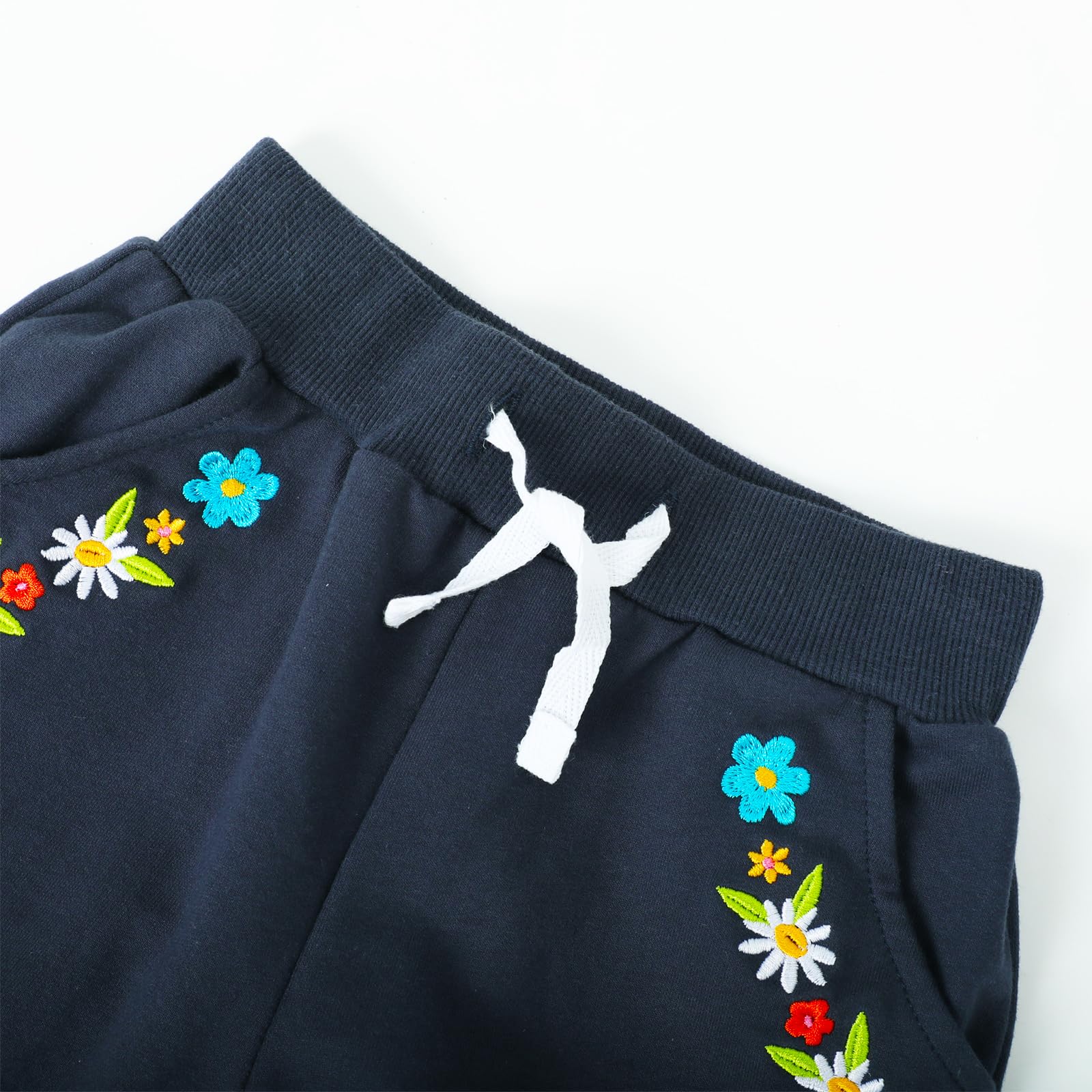 HILEELANG Baby Girls Cotton Joggers Sweatpants Floral Embroidery Drawstring Waist and Pockets-Purple Navy Blue Casual Athletic Pants for Kids 18M