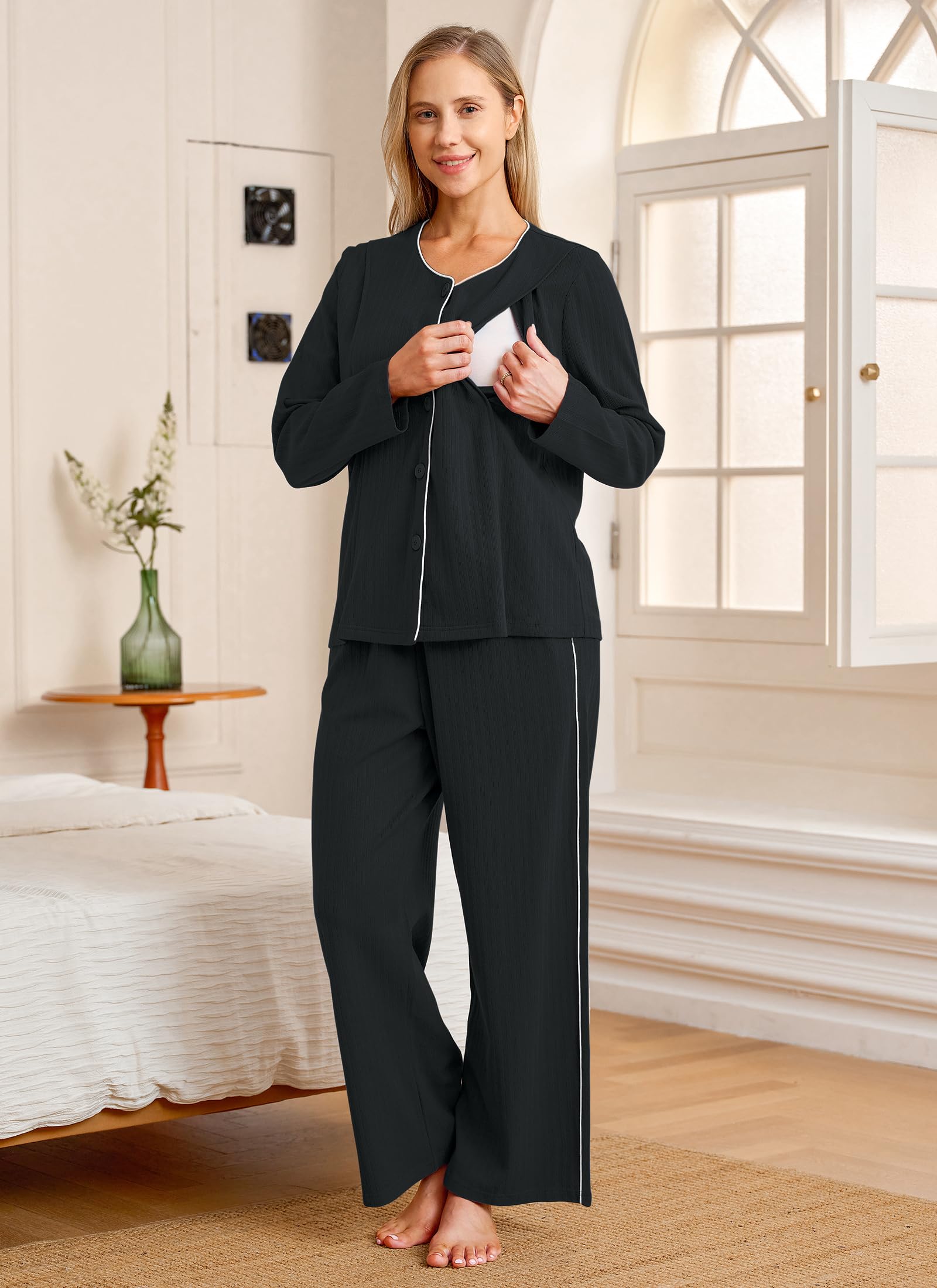 OUGES Maternity Nursing Pajamas Lounge Sets Postpartum Outfits for Women 100% Cotton Black Button Down V Neck Breastfeeding Sleepwear Set Maternity Clothes Top & Long Pants with Pockets(Black,XL)