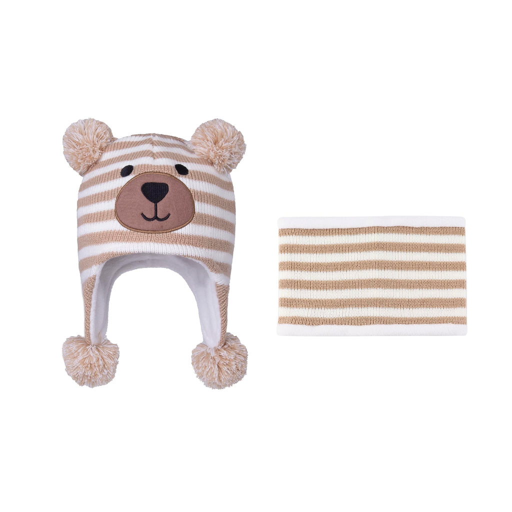 LANGZHEN Toddler Kids Infant Winter Hat,Earflap Knit Warm Cap Fleece Lined Beanie for Baby Boys Girls (Bear -Beige Stripe+Neck Gaiter Stripe, 2-4 T)