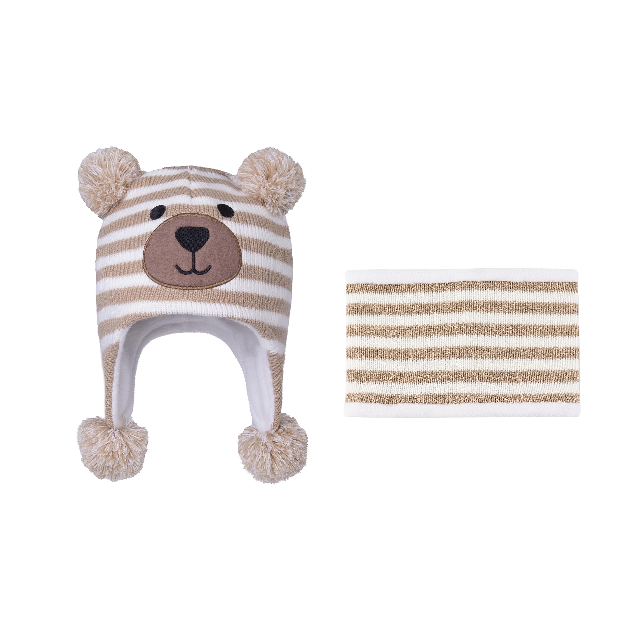 LANGZHEN Toddler Kids Infant Winter Hat,Earflap Knit Warm Cap Fleece Lined Beanie for Baby Boys Girls (Bear -Beige Stripe+Neck Gaiter Stripe, 2-4 T)