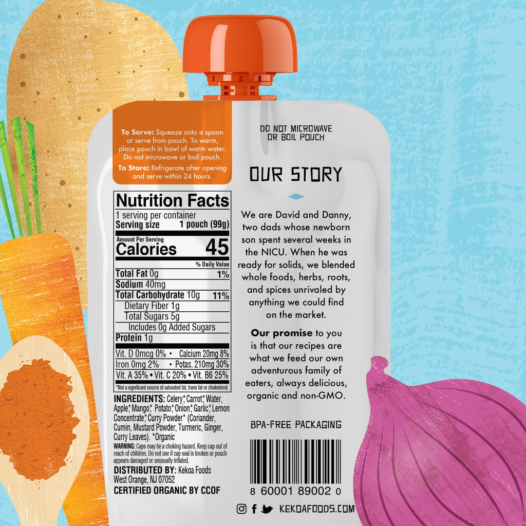 Kekoa Foods Curry Vegetable Mango Baby Food Purée | 100% USDA Certified-Organic, No Sugar Added | Organic, Non-GMO, Gluten-Free, Vegan | Mild Curry with Celery, Carrot & Potato | 3.5 oz Squeeze Pouch