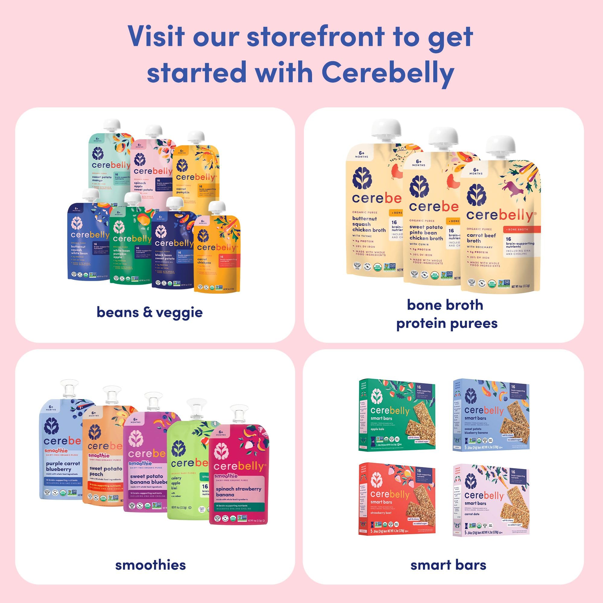 Cerebelly Organic Baby Food Pouches, Beet Carrot Blueberry Purees, 16 Nutrients, No Added Sugar, Fiber & Non-GMO, 4oz, 6 Pack