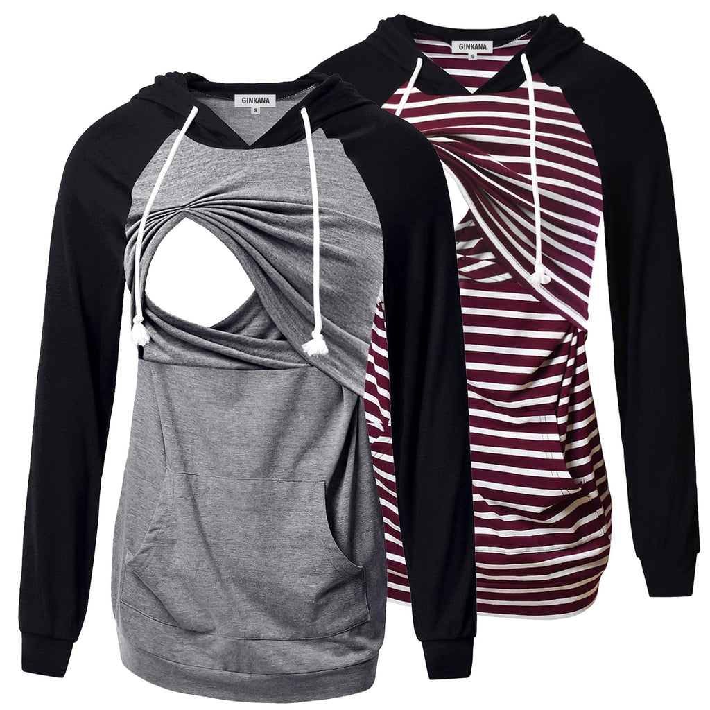 GINKANA Womens Nursing Hoodie Sweatshirt Maternity Pullover Long Sleeve Breastfeeding Top,Black/Burgundy Red White Stripe+Gery with Black,XL
