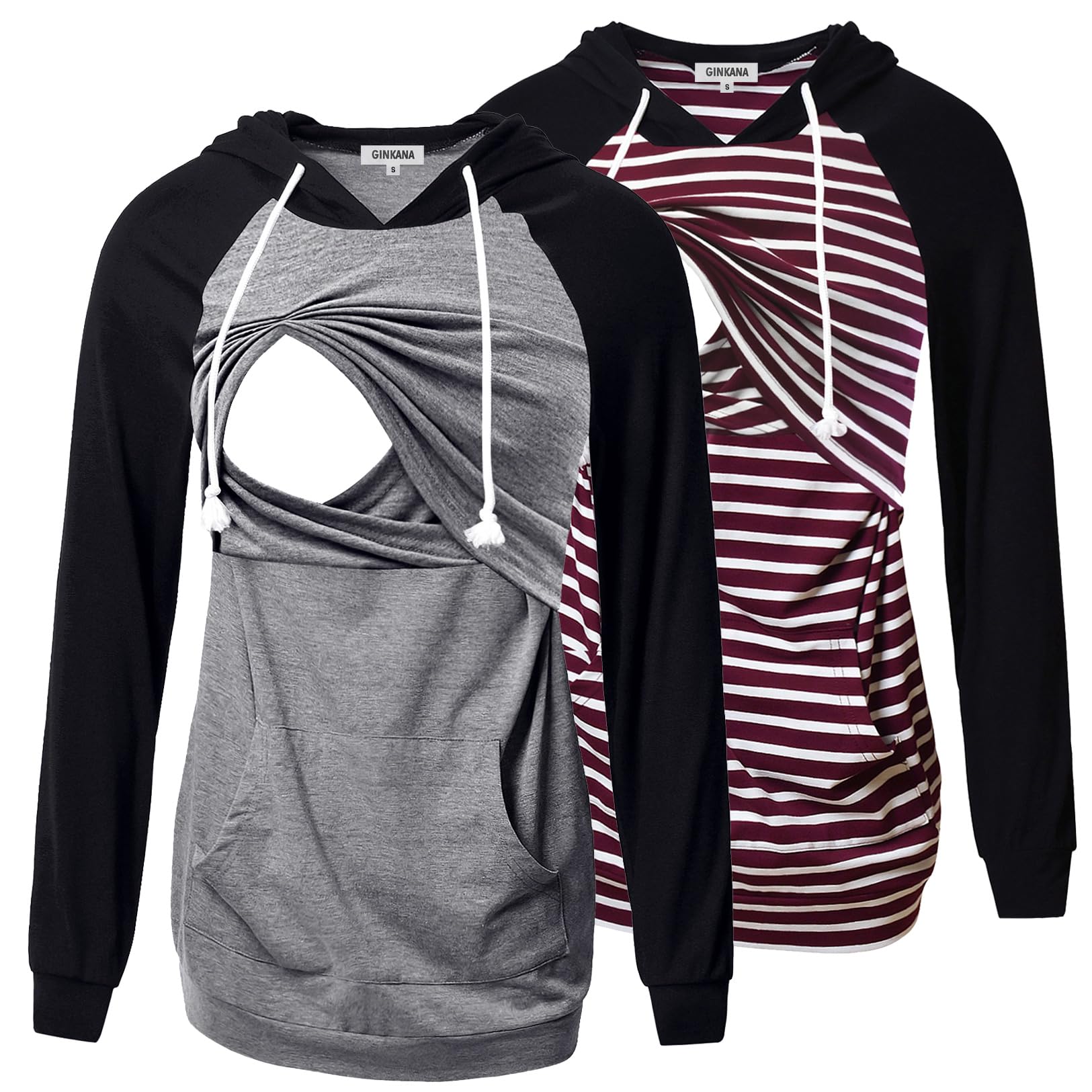 GINKANA Womens Nursing Hoodie Sweatshirt Maternity Pullover Long Sleeve Breastfeeding Top,Black/Burgundy Red White Stripe+Gery with Black,XL