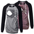 GINKANA Womens Nursing Hoodie Sweatshirt Maternity Pullover Long Sleeve Breastfeeding Top,Black/Burgundy Red White Stripe+Gery with Black,XXL