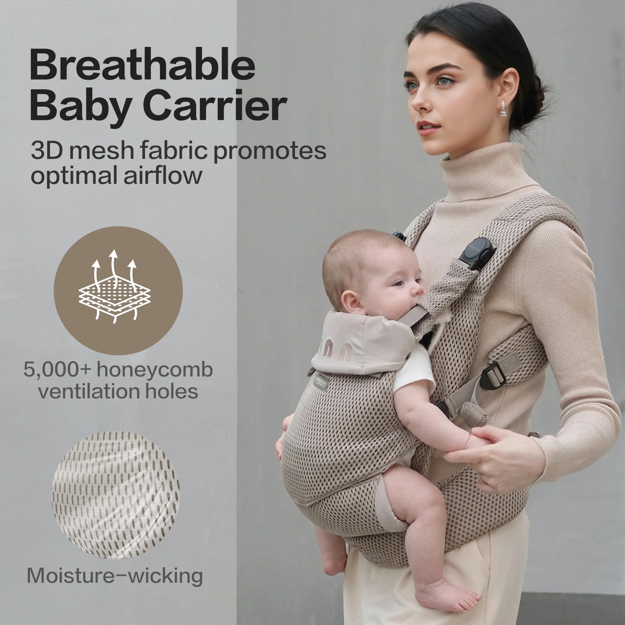 BEIESTATE Baby Carrier, Breathable Mesh, Newborn to Toddler, 7-33 lbs Khaki
