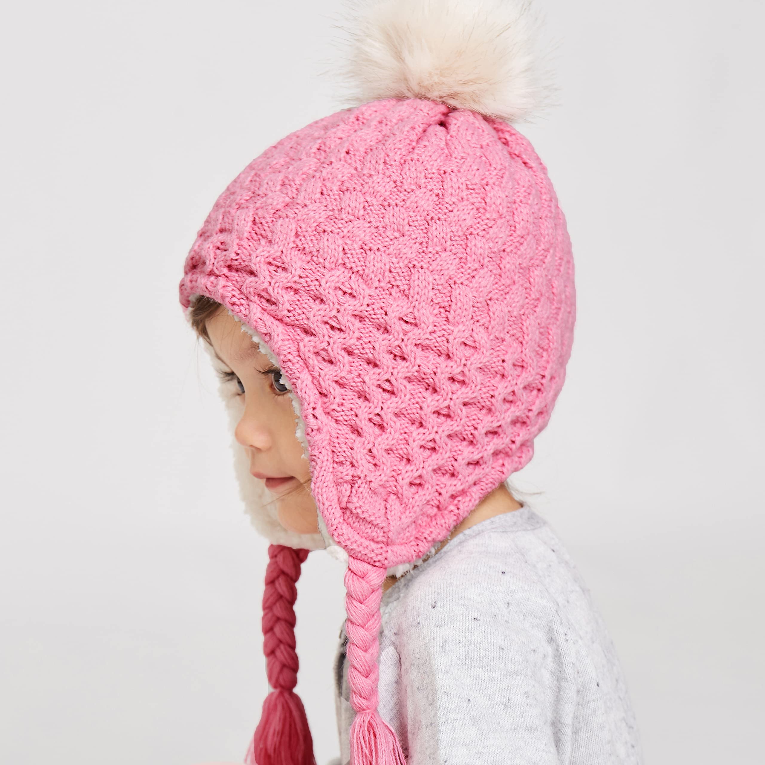 LANGZHEN Toddler Kids Winter Hat,Earflap Knit Warm Cap Fleece Lined Beanie for Baby Girls(Peach+Beige,6-12 Months)