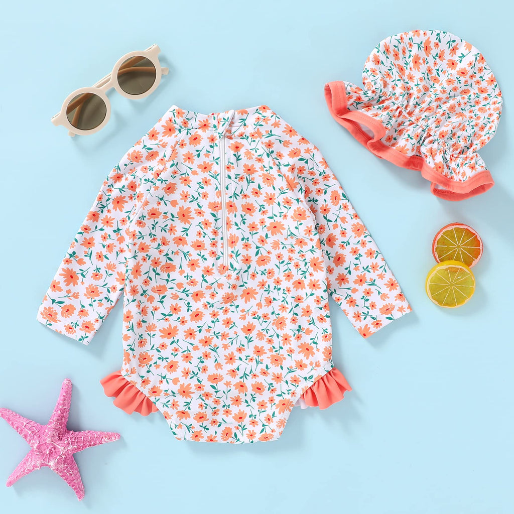 YOUNGER TREE Infant Baby Girl Swimsuit One-Piece Long Sleeve Rash Guard with Hat Set Floral Zipper Bathing Suit Leopard Beach Wear(Orange, 6-12M)