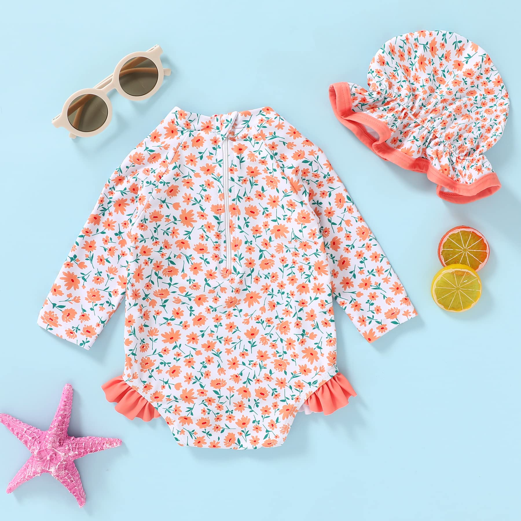 Infant Baby Girl Swimsuit One-Piece Long Sleeve Rash Guard with Hat Set Floral Zipper Bathing Suit Leopard Beach Wear(Orange, 12-18M)