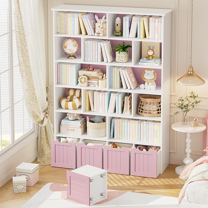 FINETONES 69" H Toy Storage Organizer, 6 Tier Tall Kids Bookshelf with 4 Movable Drawers and 12 Storage Cubbies, 49.4" W Toy Organizers and Storage Organizer Playroom Storage for Kids Room, Pink