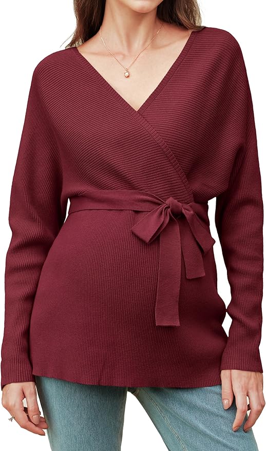 OUGES Womens Soft Cotton Blend Maternity Sweater Wrap V Neck Long Sleeve V Back Fall Shirts Pregnancy Outfits with Belt