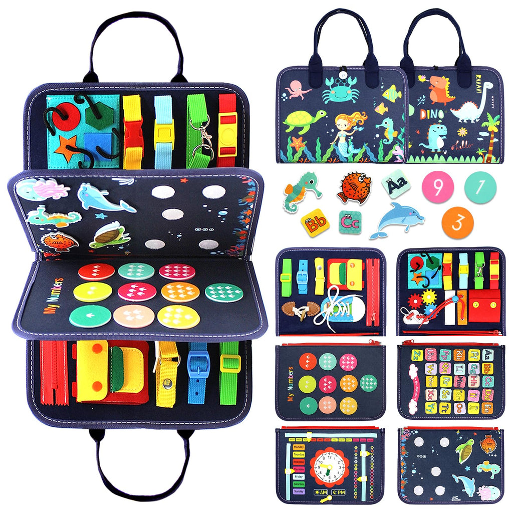 Qizfun Montessori Busy Board & Busy Book for Toddlers – Sensory & Learning Toy that Keeps Kids Busy, Travel Toy for Airplane & Car, Screen for Boys & Girls (Blue/P4)