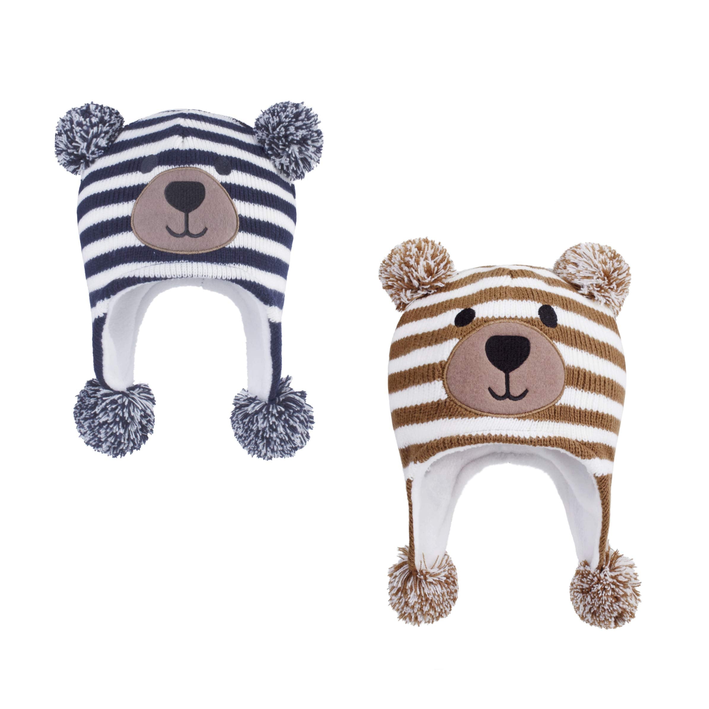 LANGZHEN Toddler Kids Infant Winter Hat,Earflap Knit Warm Cap Fleece Lined Beanie for Baby Boys (Bear -Navy Stripe+Bear -Brown Stripe, 6-12 Months)