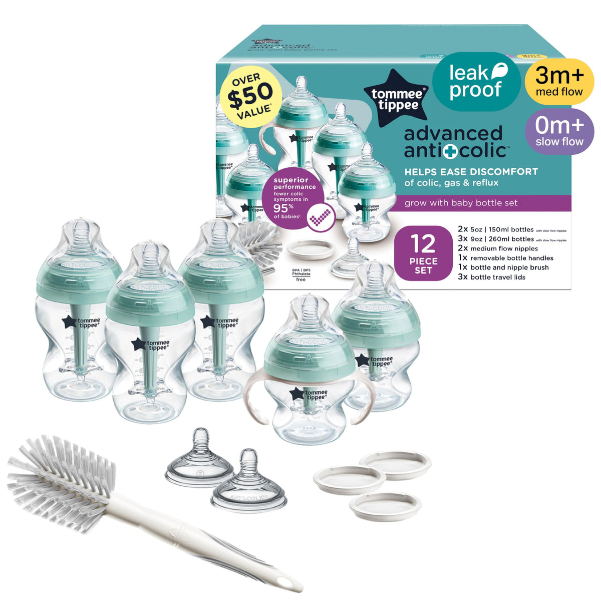 Tommee Tippee Advanced Anti-Colic 5 oz BPA Free Baby Bottles, Newborn 0+ Months, Slow Flow Breast-Like Nipple, Unique Design Keeps Air Away from Milk and Baby, Clear, Pack of 2