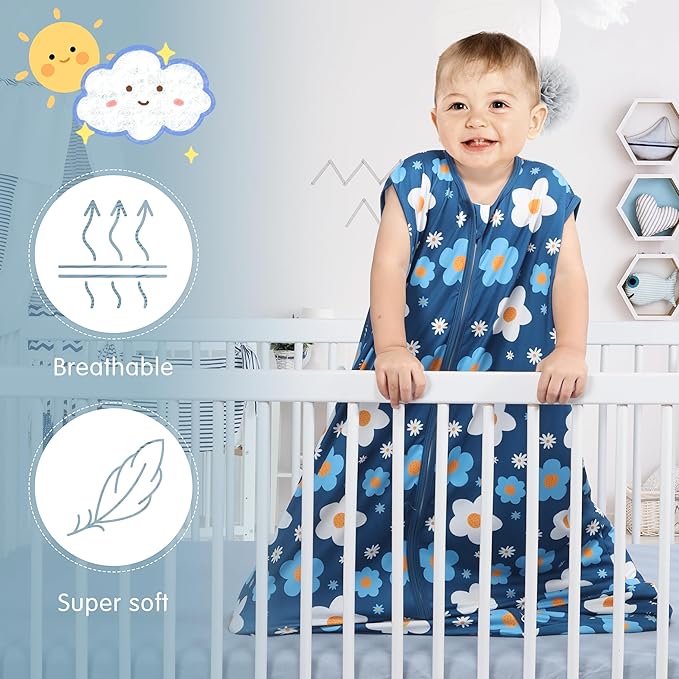3 Pack Baby Sleep Sack 100% Rayon Cotton Baby Sleeping Bag 2-Way Zipper Toddler Wearable Blankets TOG 0.3. (Gerbera&Tulips&Pink, 12-18 Months)