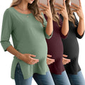 3 Pack Women's 3/4 Sleeve Maternity Shirts Elbow Length Clothes Round Neck Tunics Pregnancy Loose Side Split Tops