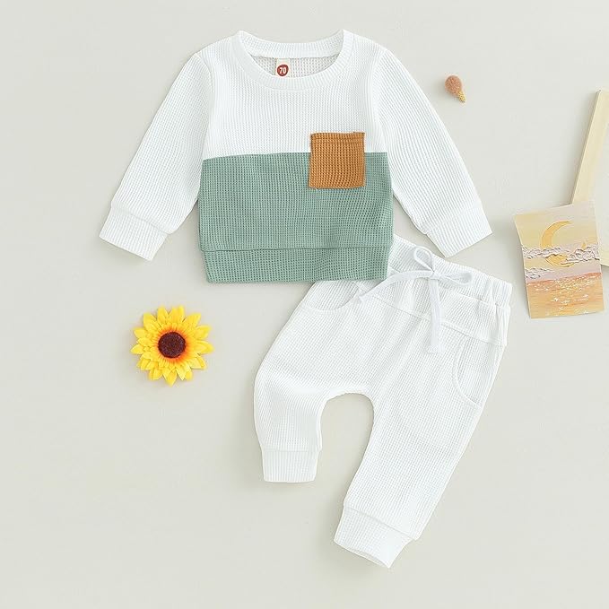 Toddler Baby Boy Fall Clothes Waffle Contrast Color Sweatshirt Pants Sets Infant Winter Outfits 6 12 18 24 Months