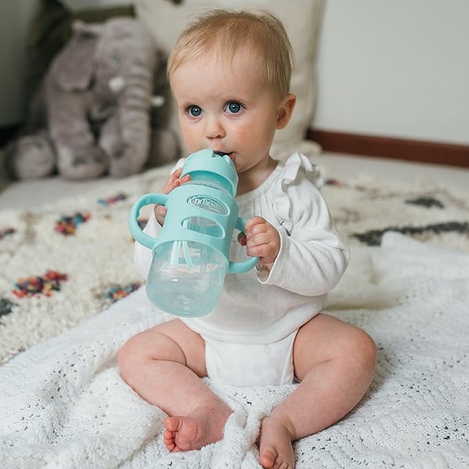 Dr. Brown's Milestones Wide-Neck Sippy Straw Bottle with 100% Silicone Handles and Weighted Straw, 9 oz/270 mL, Gray & Green, 6m+ (Pack of 6)