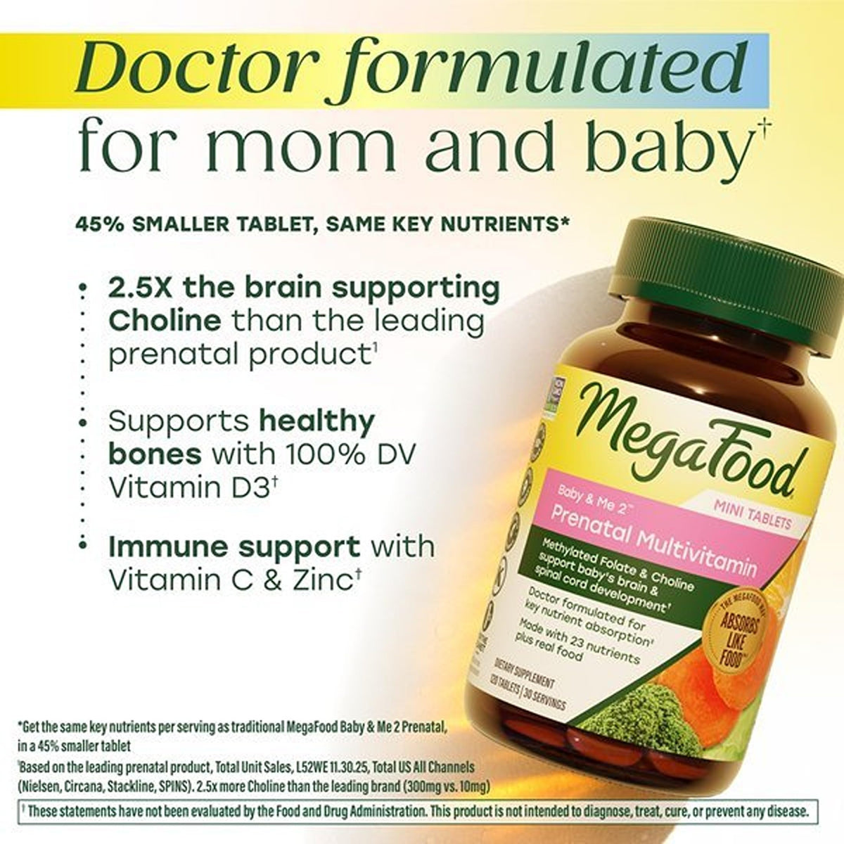 MegaFood Baby & Me 2 Prenatal Vitamins, Doctor Formulated, 120 Mini Tablets
