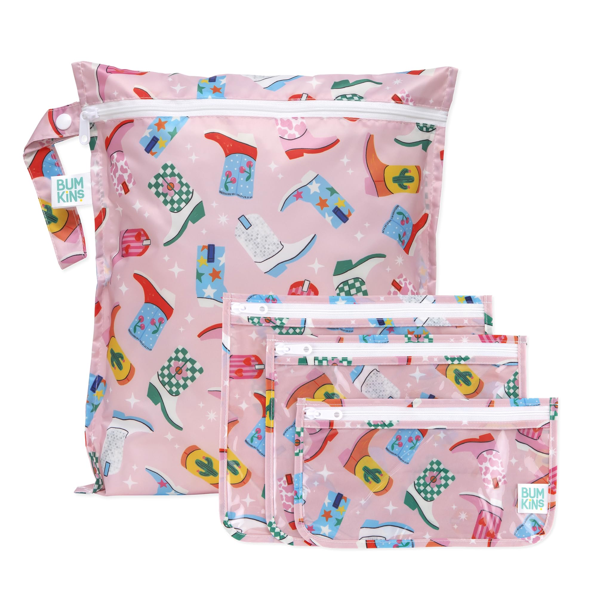 Bumkins - Waterproof Wet Bag & Clear Travel Bags - For Beach, Baby, Travel, Swim Suit, Cloth Diapers, Pump Parts, Pool, Gym, Toiletries - Reusable & Easy to Clean - Cowgirl Boots - 4 Pack