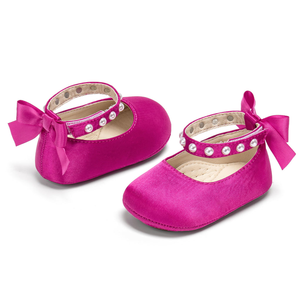 PHIRAMIN Baby Girls Satin Hot Pink Mary Jane Flats - Infant 6-9 Months Walking Shoes Soft Rubber Sole Princess Wedding
