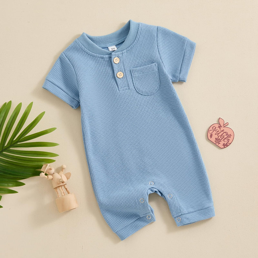 Kuriozud Newborn Baby Boy Girl Clothes Button Solid Short Sleeve Romper Jumpsuit Basic One Piece Outfits Baby Neutral Clothing Waffle Short Sleeve Blue, 6-9 Months