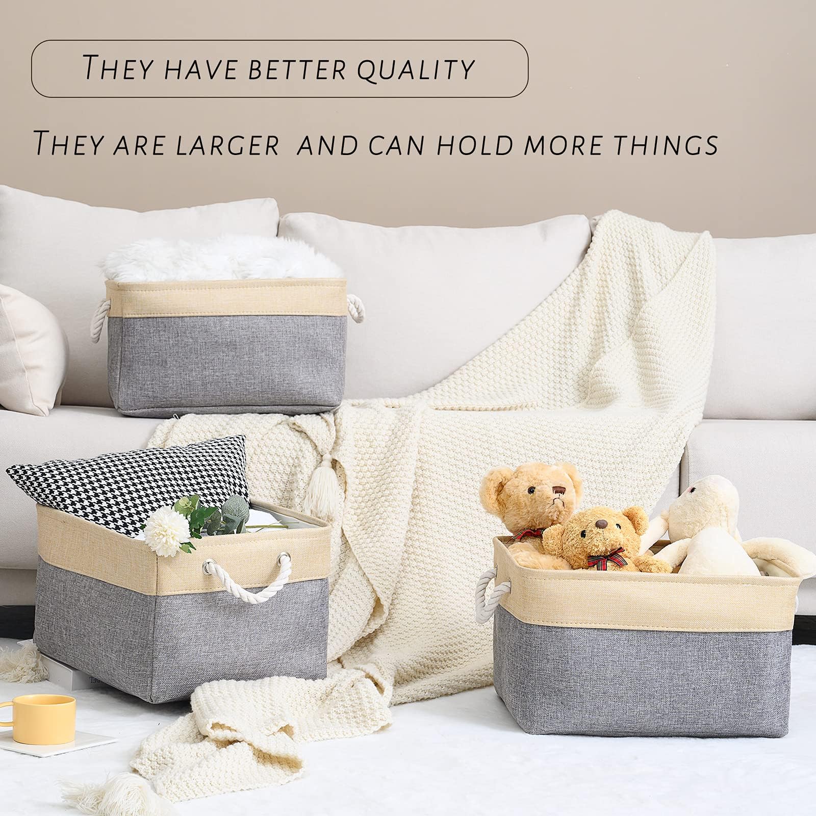 Sacyic Organization and Storage Basket for Organizing - Large 4 Pack 16x12x8 inch Collapsible Baskets for Shelves Fabric Storage Cube, Storage Bins for Laundry Cloth Books Gift (Gold & Grey)