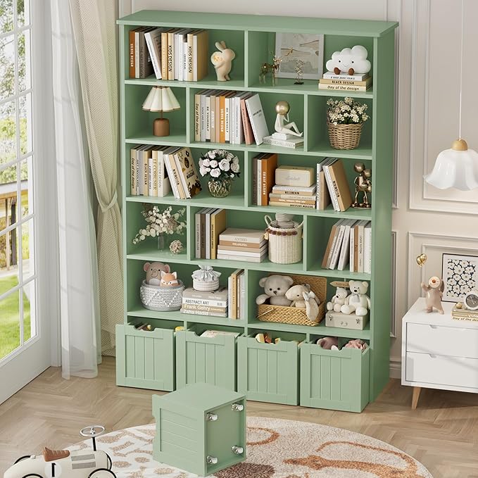 FINETONES 69" H Toy Storage Organizer, 6 Tier Tall Kids Bookshelf with 4 Movable Drawers and 12 Storage Cubbies, 49.4" W Toy Organizers and Storage Organizer Playroom Storage for Kids Room, Green