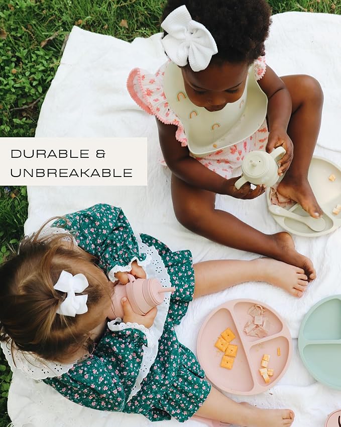 Hippypotamus Toddler Plates with Suction - 100% Food-Grade Silicone Baby Plates with Lids - Microwave & Dishwasher Safe - BPA Free - Set of 3 (Sage/Blush/Nude with LIDS)