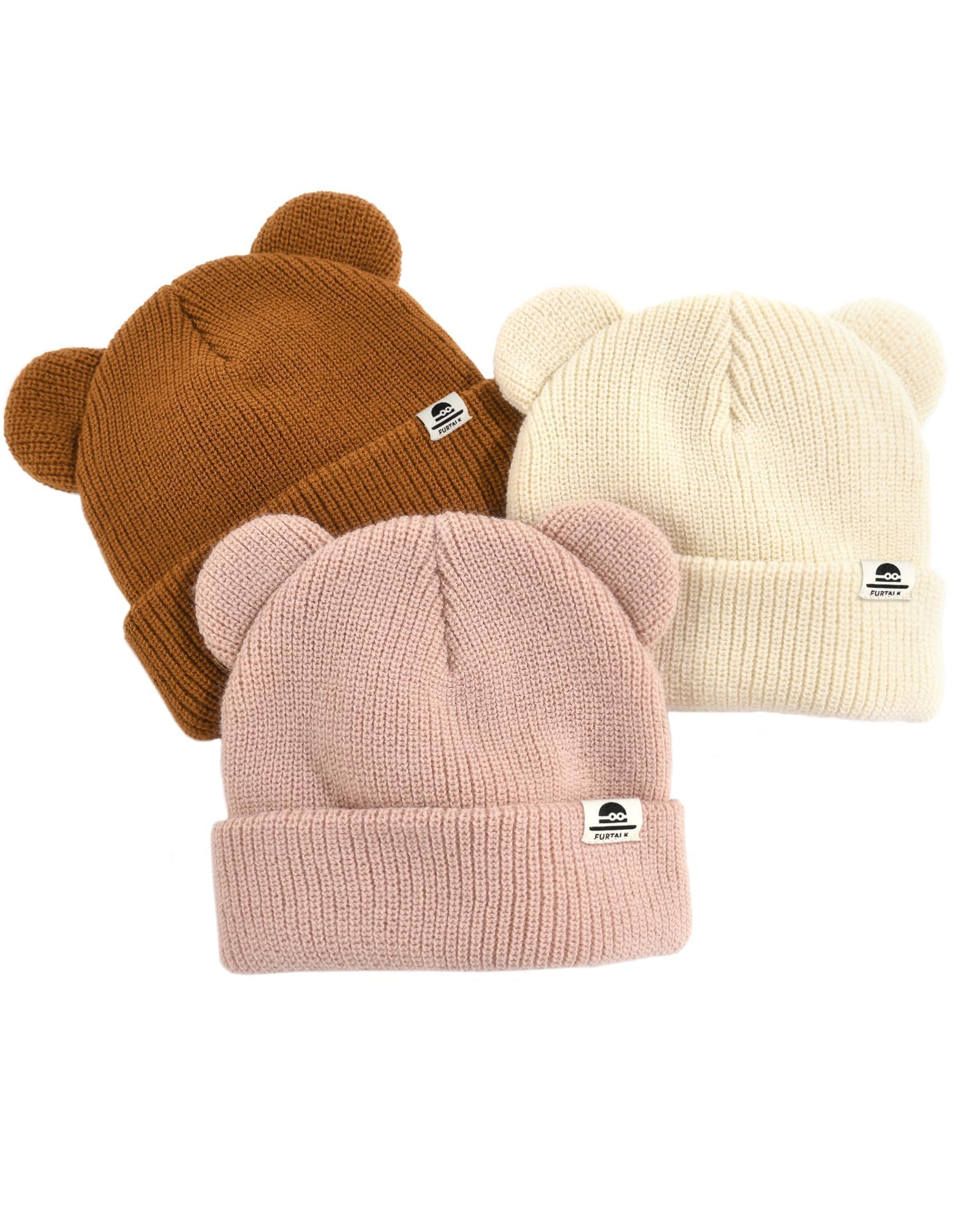 FURTALK Baby Beanie Winter Hat with Bear Ear for Infant Toddler Boys Girls Soft Knitted Skull Cap Beige+Pink+Caramel 0-6 Months