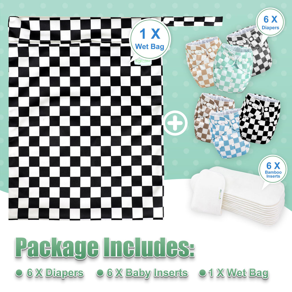 wegreeco Cloth Diapers 6 Pack with 6 Inserts & 1 Wet Bag, Washable Cloth Diapers for Babies, One Size Adjustable Reusable (Checkerboard)