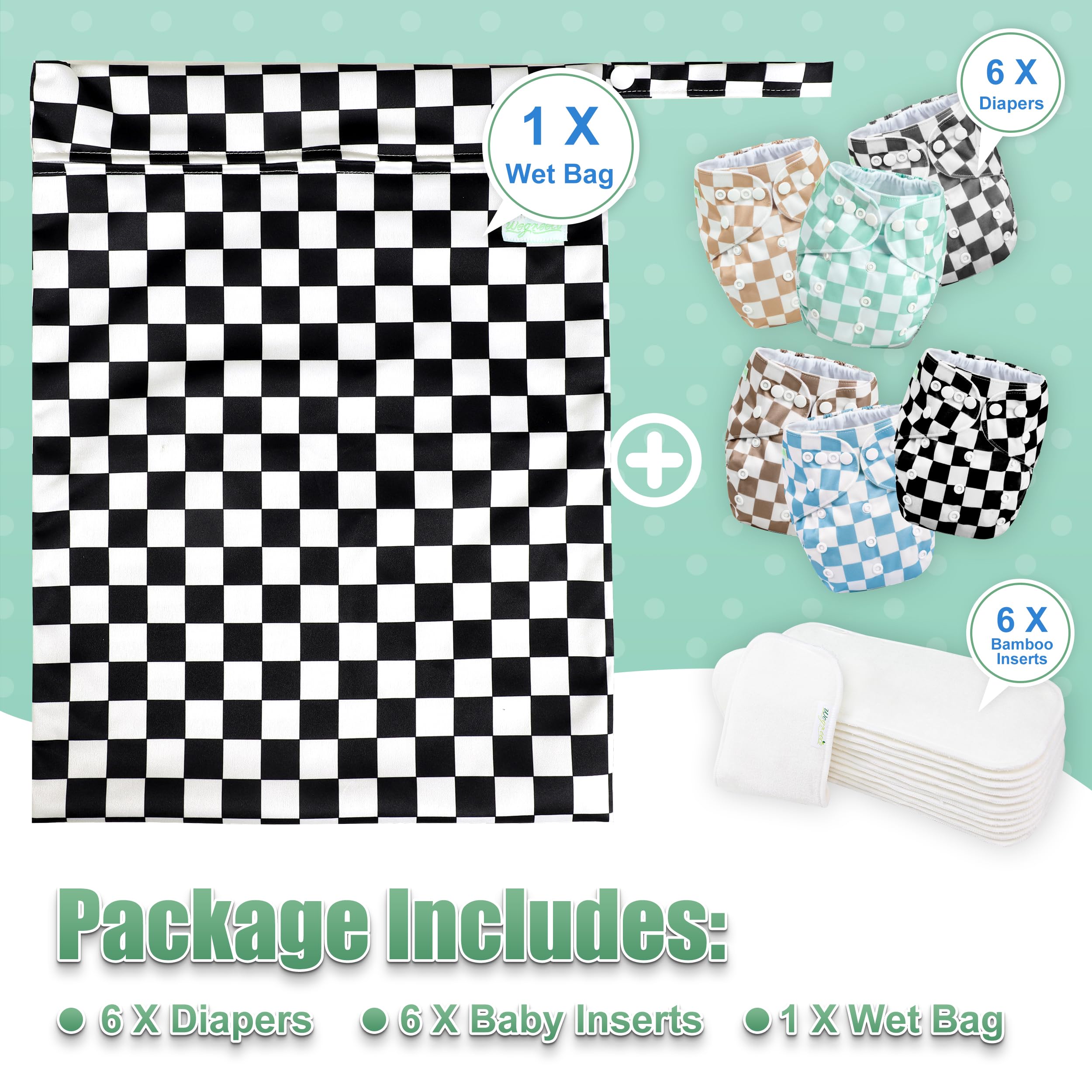 wegreeco Cloth Diapers 6 Pack with 6 Inserts & 1 Wet Bag, Washable Cloth Diapers for Babies, One Size Adjustable Reusable (Checkerboard)